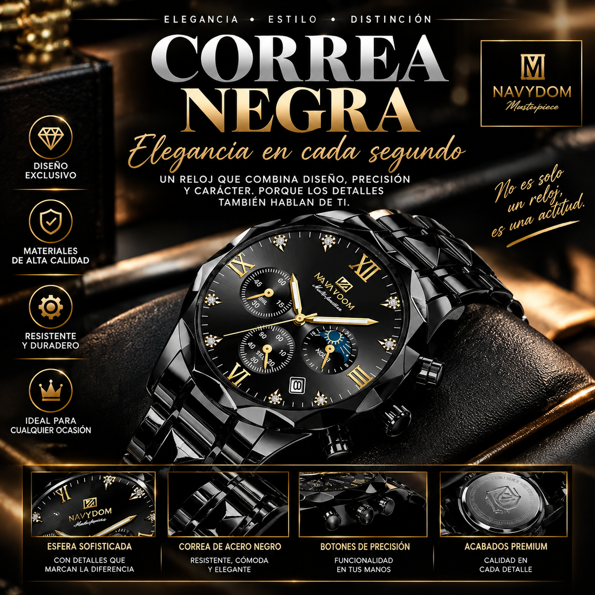 Reloj de Pulsera para Hombre Cronógrafo Luminoso Resistente al Agua Acero Inoxidable - Clicksy.com