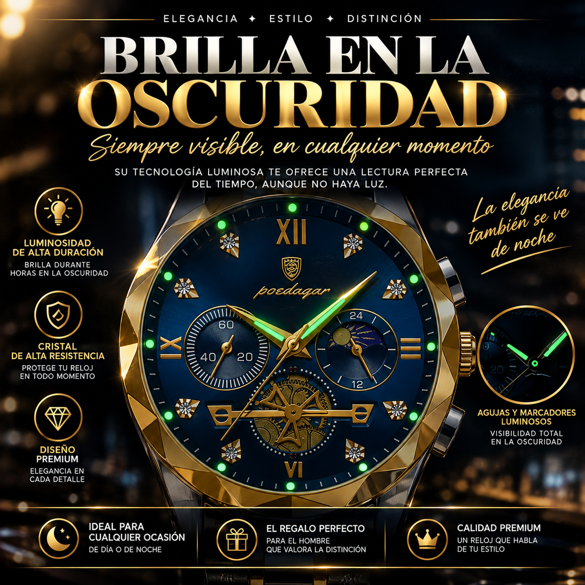 Reloj de Pulsera para Hombre Cronógrafo Luminoso Resistente al Agua Acero Inoxidable - Clicksy.com