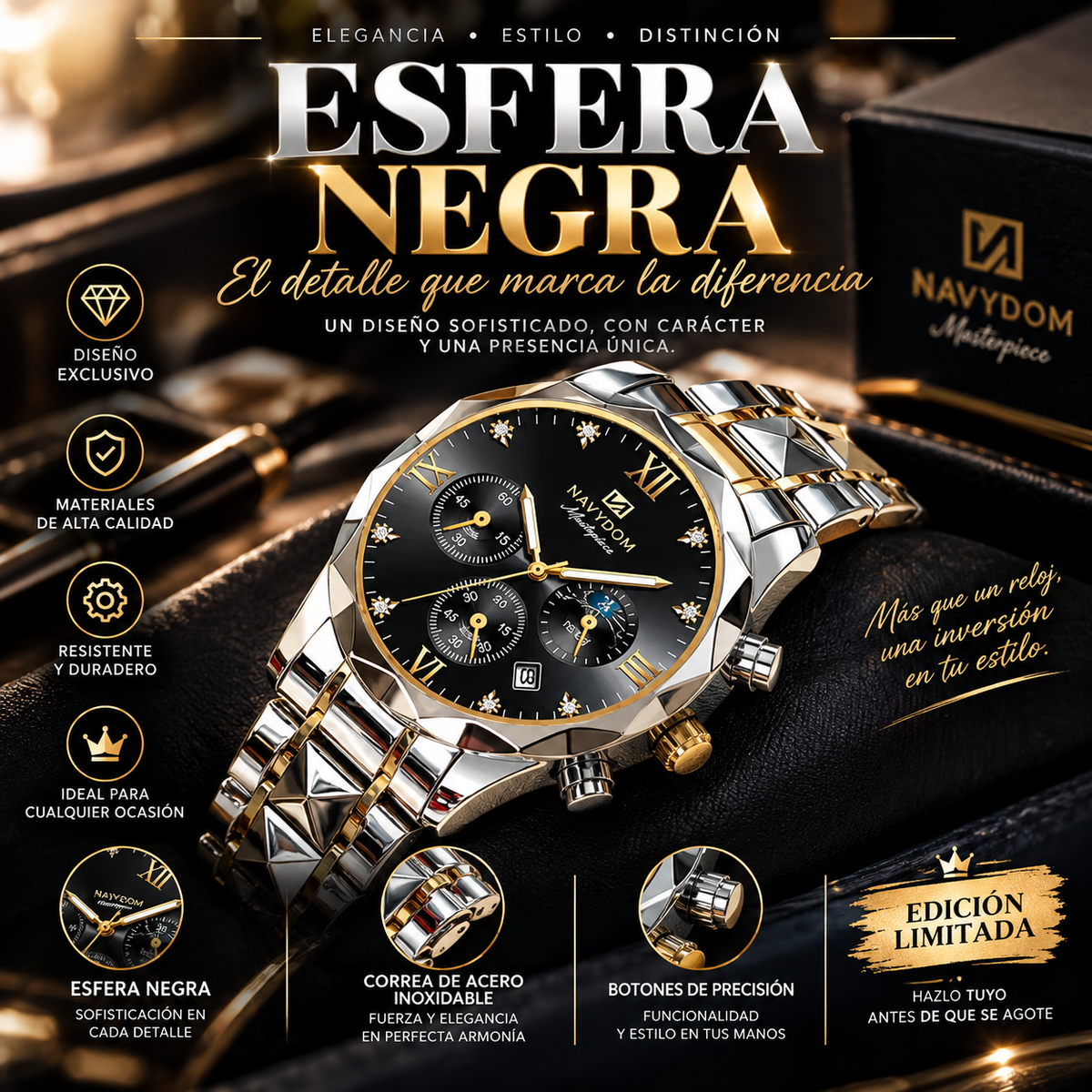 Reloj de Pulsera para Hombre Cronógrafo Luminoso Resistente al Agua Acero Inoxidable - Clicksy.com